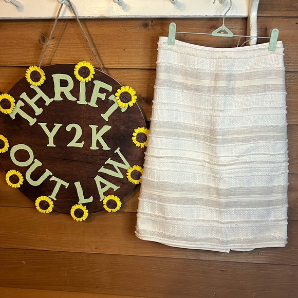 Talbots Midi Textured Cotton Linen Fringe Cream White Pencil Skirt Zip Lagenlook - Picture 1 of 7